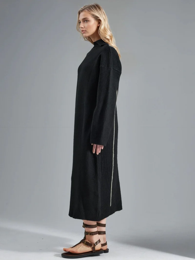 MY FASHION Black MY FASHION Polo Collar Ribbed Midi Knit Dress for Women | Best Price UAE